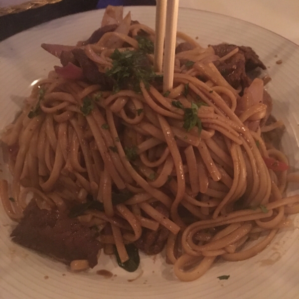 Linguini with beef in a soy sauce dressing